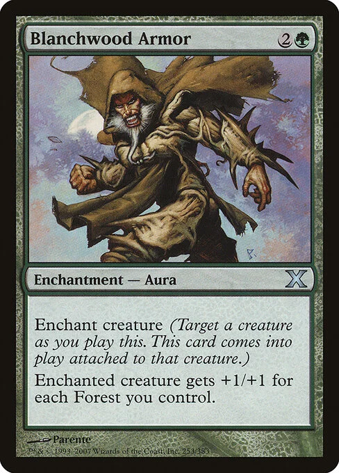 Blanchwood Armor, carta Magic di tipo Enchantment — Aura illustrata da Paolo Parente
