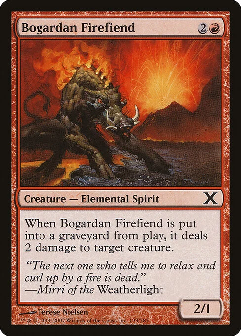 Bogardan Firefiend, carta Magic di tipo Creature — Elemental Spirit illustrata da Terese Nielsen