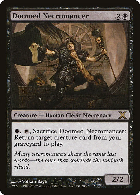 Doomed Necromancer, carta Magic di tipo Creature — Human Cleric Mercenary illustrata da Volkan Baǵa