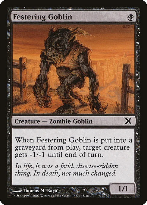 Festering Goblin, carta Magic di tipo Creature — Zombie Goblin illustrata da Thomas M. Baxa