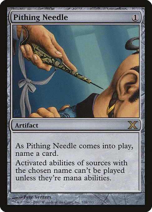 Pithing Needle, carta Magic di tipo Artifact illustrata da Pete Venters