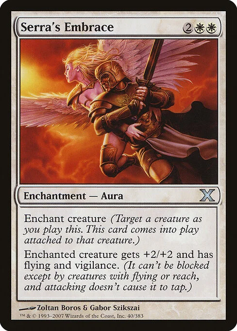 Serra's Embrace, carta Magic di tipo Enchantment — Aura illustrata da Zoltan Boros & Gabor Szikszai