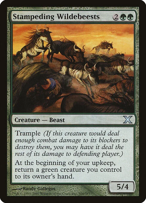Stampeding Wildebeests, carta Magic di tipo Creature — Antelope Beast illustrata da Randy Gallegos