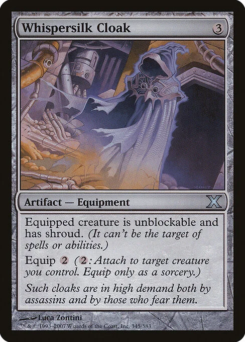 Whispersilk Cloak, carta Magic di tipo Artifact — Equipment illustrata da Luca Zontini