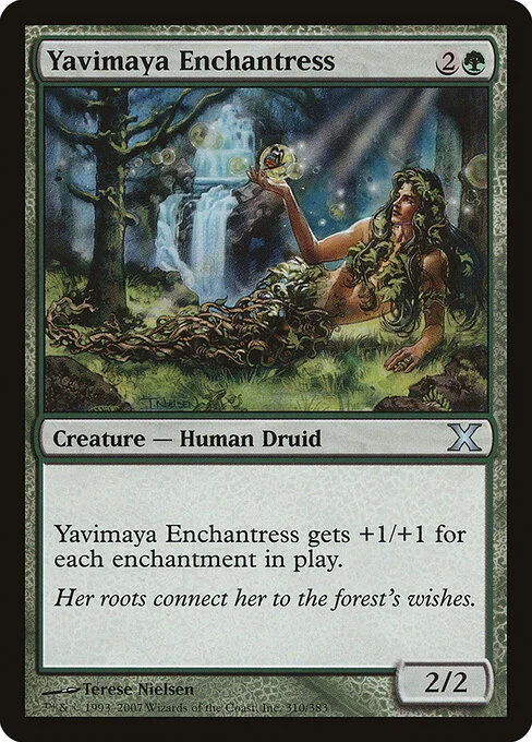 Yavimaya Enchantress, carta Magic di tipo Creature — Human Druid illustrata da Terese Nielsen