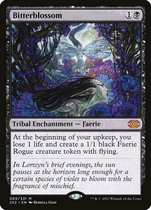 Bitterblossom, carta Magic di tipo Kindred Enchantment — Faerie illustrata da Rebecca Guay