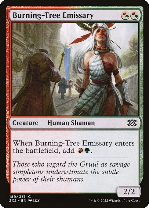 Burning-Tree Emissary, carta Magic di tipo Creature — Human Shaman illustrata da Izzy