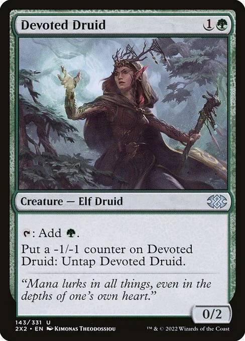 Devoted Druid, carta Magic di tipo Creature — Elf Druid illustrata da Kimonas Theodossiou