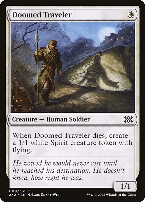 Doomed Traveler, carta Magic di tipo Creature — Human Soldier illustrata da Lars Grant-West