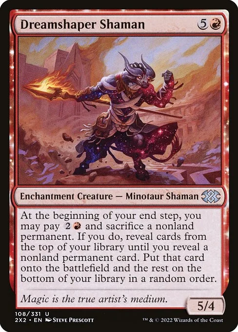 Dreamshaper Shaman, carta Magic di tipo Enchantment Creature — Minotaur Shaman illustrata da Steve Prescott