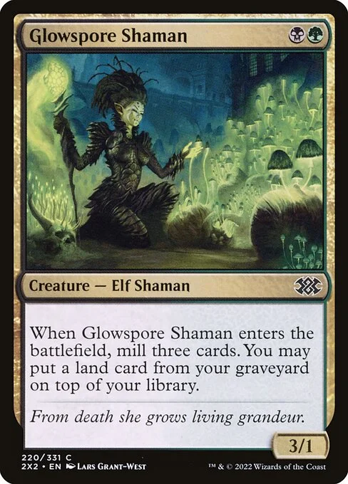 Glowspore Shaman, carta Magic di tipo Creature — Elf Shaman illustrata da Lars Grant-West