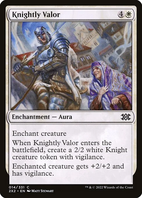 Knightly Valor, carta Magic di tipo Enchantment — Aura illustrata da Matt Stewart