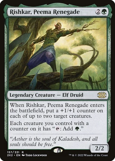 Rishkar, Peema Renegade, carta Magic di tipo Legendary Creature — Elf Druid illustrata da Todd Lockwood