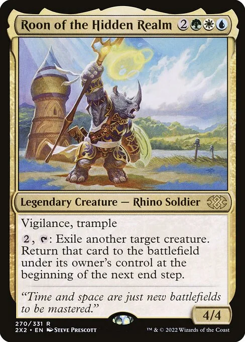 Roon of the Hidden Realm, carta Magic di tipo Legendary Creature — Rhino Soldier illustrata da Steve Prescott