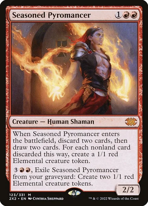 Seasoned Pyromancer, carta Magic di tipo Creature — Human Shaman illustrata da Cynthia Sheppard