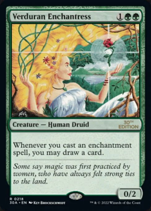 Verduran Enchantress, carta Magic di tipo Creature — Human Druid illustrata da Kev Brockschmidt