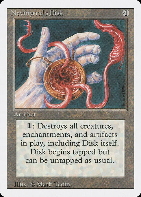 Nevinyrral's Disk, carta Magic di tipo Artifact illustrata da Mark Tedin