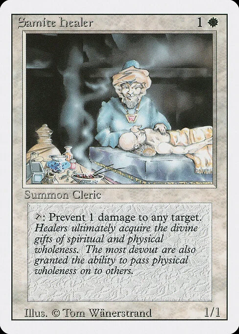 Samite Healer, carta Magic di tipo Creature — Human Cleric illustrata da Tom Wänerstrand