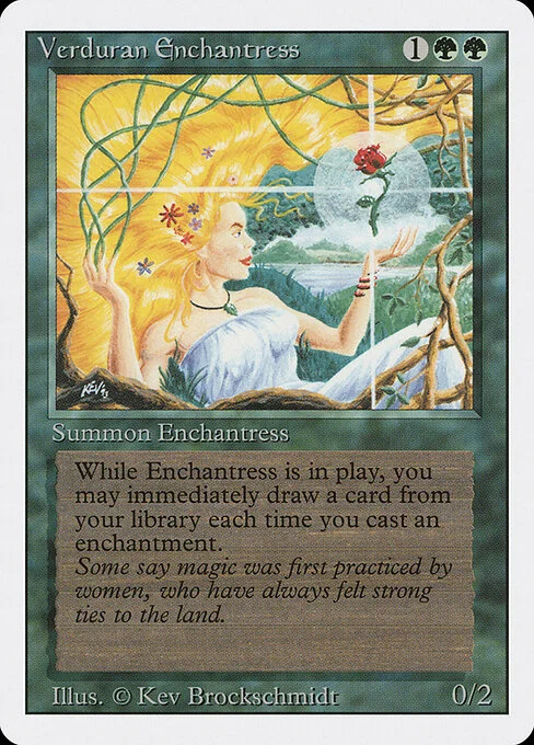 Verduran Enchantress, carta Magic di tipo Creature — Human Druid illustrata da Kev Brockschmidt