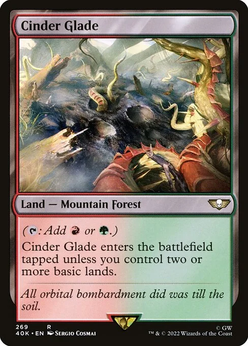 Cinder Glade, carta Magic di tipo Land — Mountain Forest illustrata da Sergio Cosmai