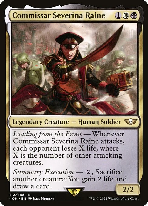 Commissar Severina Raine, carta Magic di tipo Legendary Creature — Human Soldier illustrata da Jake Murray