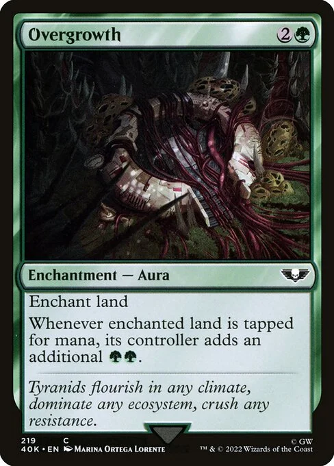 Overgrowth, carta Magic di tipo Enchantment — Aura illustrata da Marina Ortega Lorente