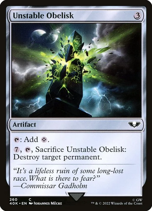 Unstable Obelisk, carta Magic di tipo Artifact illustrata da Johannes Mücke