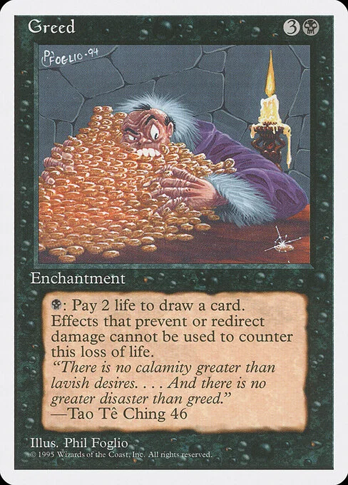 Greed, carta Magic di tipo Enchantment illustrata da Phil Foglio