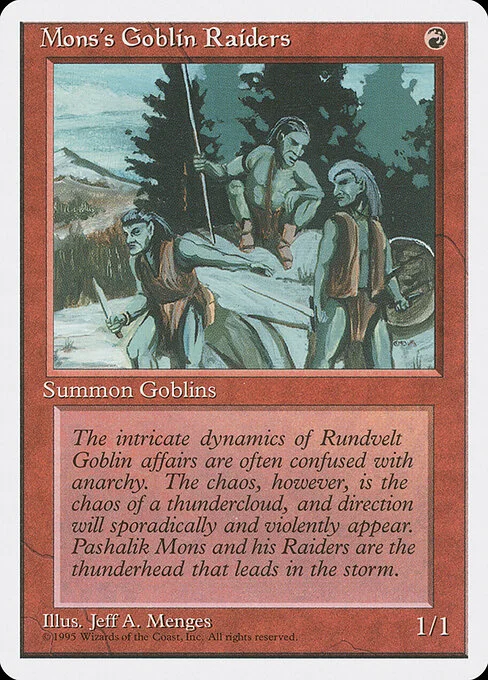 Mons's Goblin Raiders, carta Magic di tipo Creature — Goblin illustrata da Jeff A. Menges