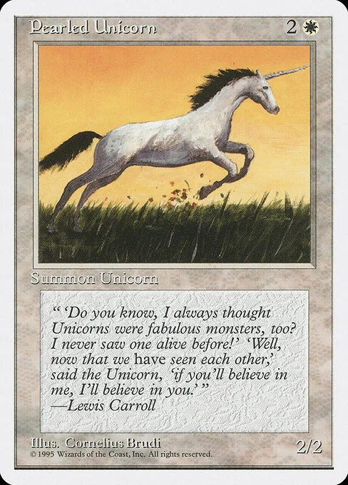 Pearled Unicorn, carta Magic di tipo Creature — Unicorn illustrata da Cornelius Brudi
