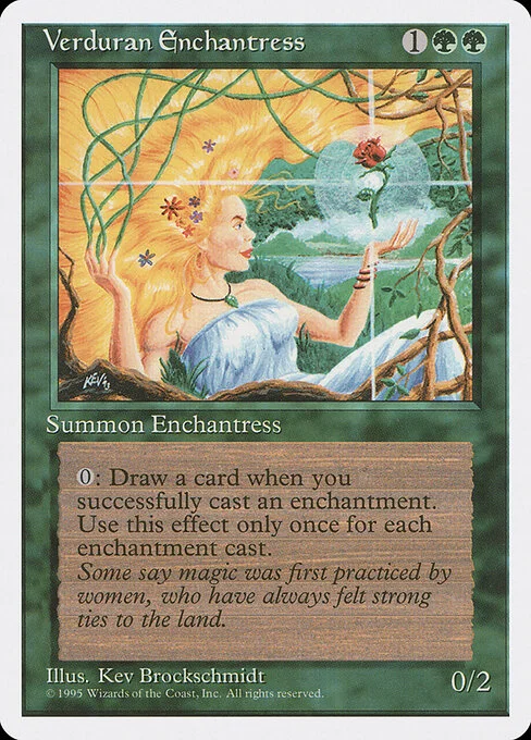 Verduran Enchantress, carta Magic di tipo Creature — Human Druid illustrata da Kev Brockschmidt