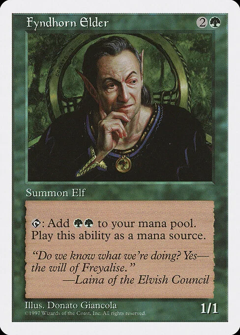 Fyndhorn Elder, carta Magic di tipo Creature — Elf Druid illustrata da Donato Giancola