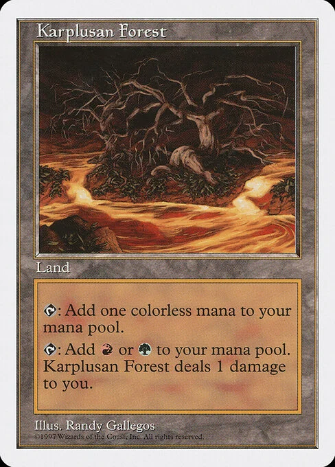 Karplusan Forest, carta Magic di tipo Land illustrata da Randy Gallegos