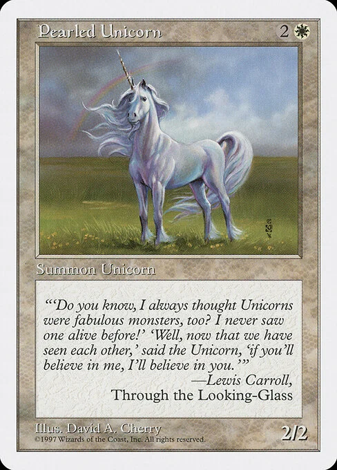 Pearled Unicorn, carta Magic di tipo Creature — Unicorn illustrata da David A. Cherry