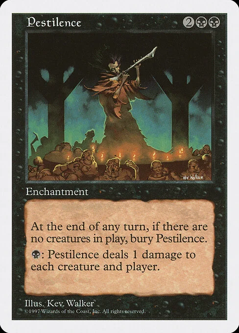 Pestilence, carta Magic di tipo Enchantment illustrata da Kev Walker