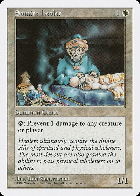 Samite Healer, carta Magic di tipo Creature — Human Cleric illustrata da Tom Wänerstrand