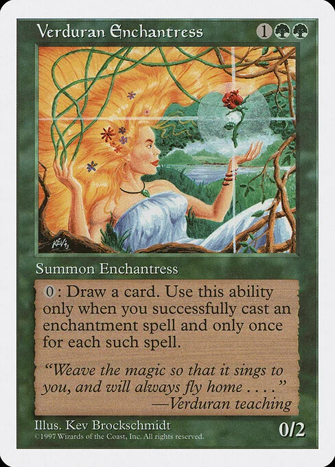 Verduran Enchantress, carta Magic di tipo Creature — Human Druid illustrata da Kev Brockschmidt