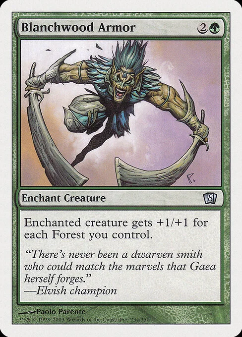 Blanchwood Armor, carta Magic di tipo Enchantment — Aura illustrata da Paolo Parente