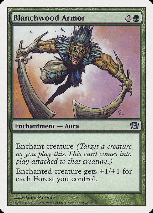 Blanchwood Armor, carta Magic di tipo Enchantment — Aura illustrata da Paolo Parente