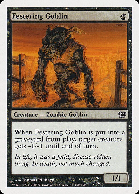 Festering Goblin, carta Magic di tipo Creature — Zombie Goblin illustrata da Thomas M. Baxa