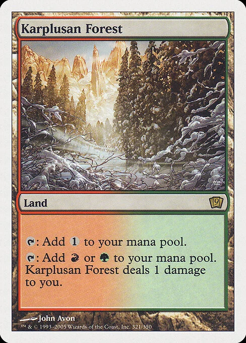Karplusan Forest, carta Magic di tipo Land illustrata da John Avon