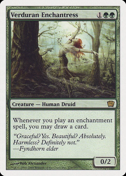 Verduran Enchantress, carta Magic di tipo Creature — Human Druid illustrata da Rob Alexander