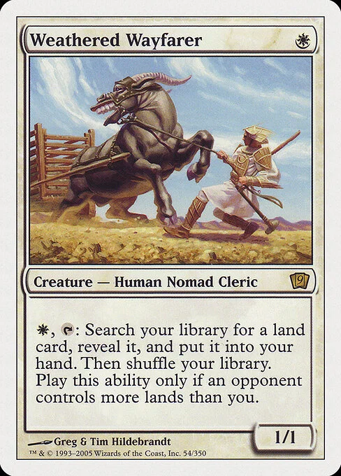 Weathered Wayfarer, carta Magic di tipo Creature — Human Nomad Cleric illustrata da Greg Hildebrandt & Tim Hildebrandt