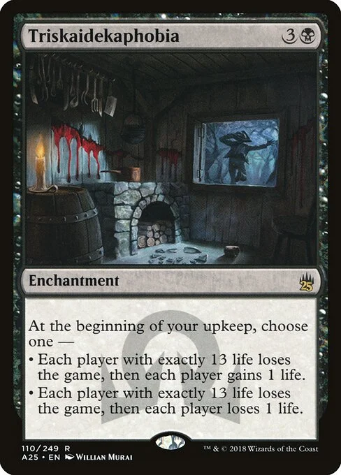 Triskaidekaphobia, carta Magic di tipo Enchantment illustrata da Willian Murai