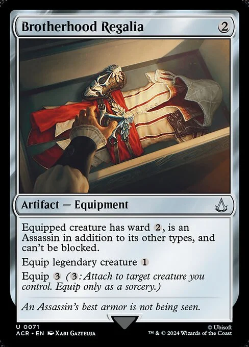 Brotherhood Regalia, carta Magic di tipo Artifact — Equipment illustrata da Xabi Gaztelua