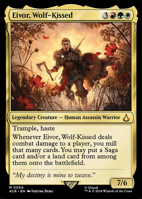 Eivor, Wolf-Kissed, carta Magic di tipo Legendary Creature — Human Assassin Warrior illustrata da Justyna Dura
