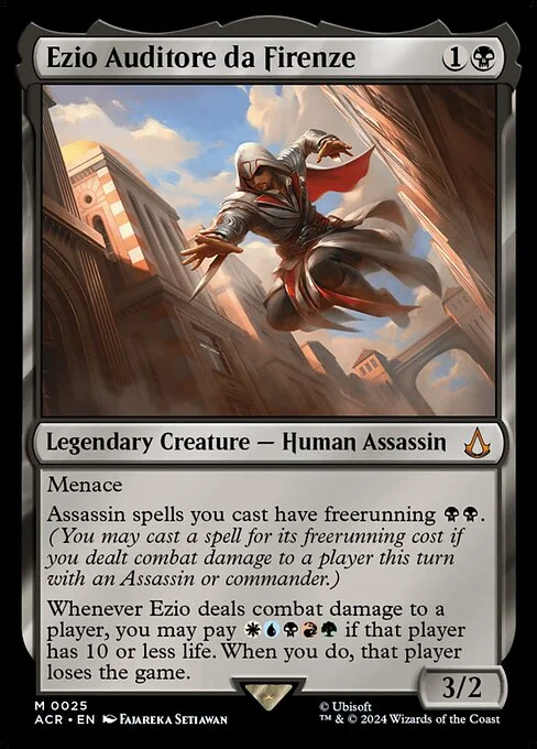 Ezio Auditore da Firenze, carta Magic di tipo Legendary Creature — Human Assassin illustrata da Fajareka Setiawan