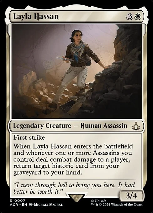 Layla Hassan, carta Magic di tipo Legendary Creature — Human Assassin illustrata da Michael MacRae