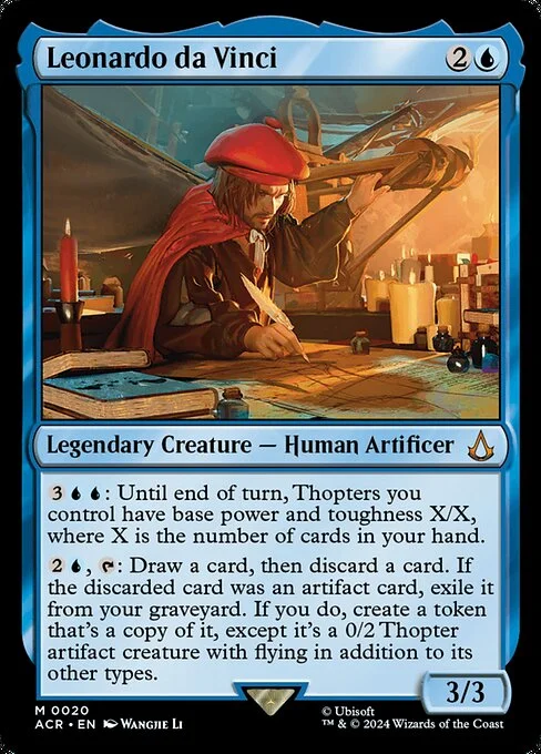 Leonardo da Vinci, carta Magic di tipo Legendary Creature — Human Artificer illustrata da Wangjie Li