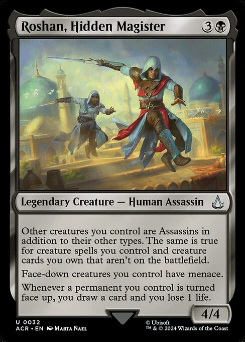 Roshan, Hidden Magister, carta Magic di tipo Legendary Creature — Human Assassin illustrata da Marta Nael